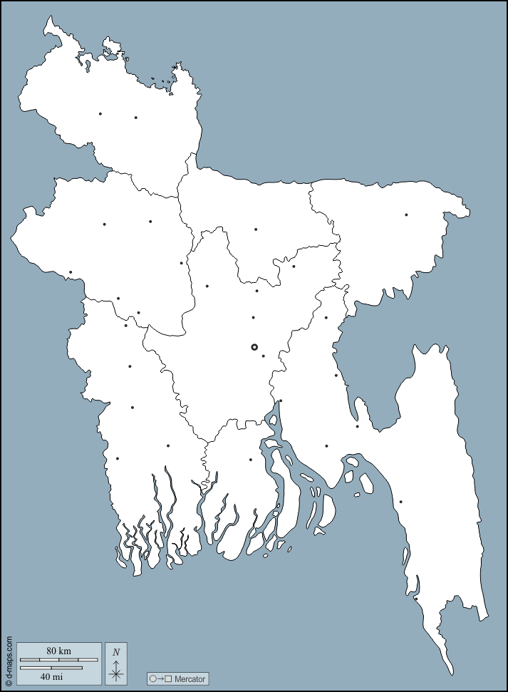 Bangladesch : d-maps.com: Kostenlose Karten, kostenlose stumme Karte, kostenlose unausgefüllt Landkarte, kostenlose hochauflösende Umrisskarte : Umrisse, Abteilungen, Wichtige Städte