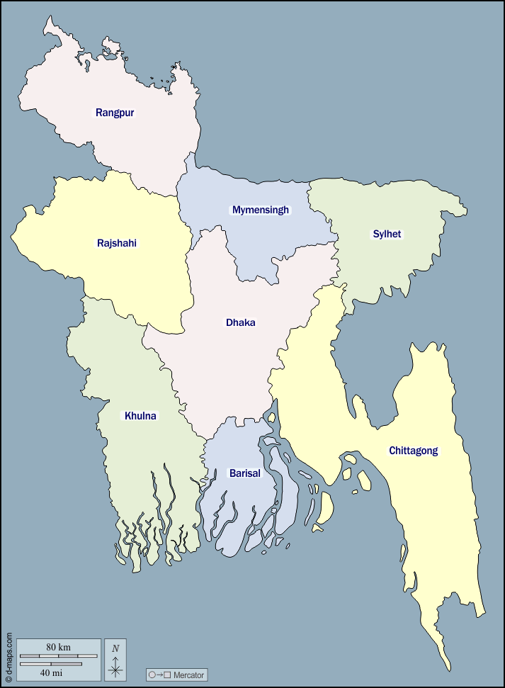 Bangladesh : d-maps.com: free map, free blank map, free outline map, free base map : outline, divisions, names, color