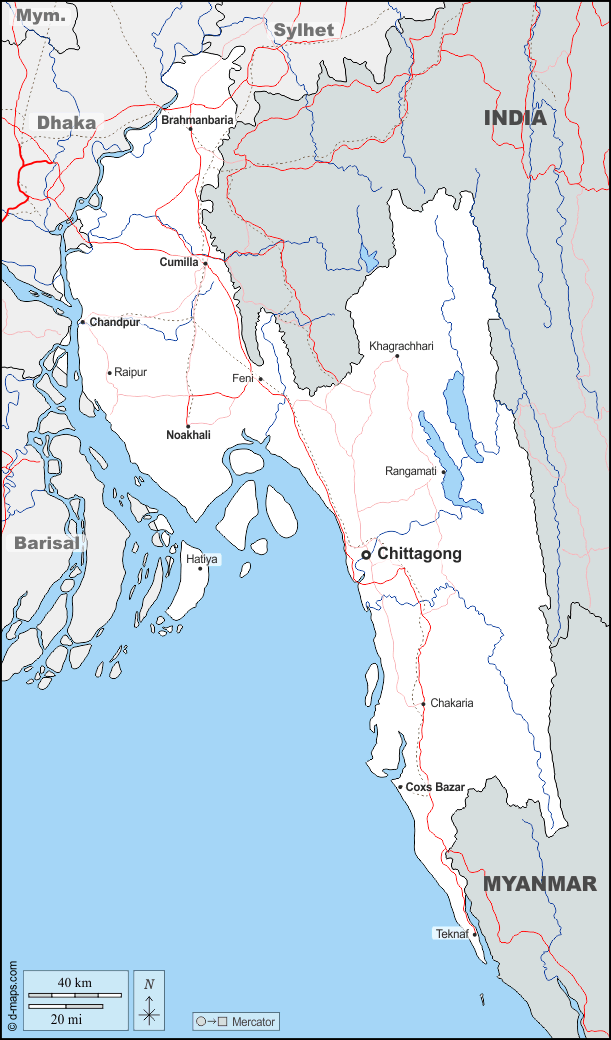 División de Chittagong : d-maps.com: mapa gratuito, mapa mudo gratuito, mapa en blanco gratuito, plantilla de mapa : fronteras, hidrografía, principales ciudades, carreteras, nombres