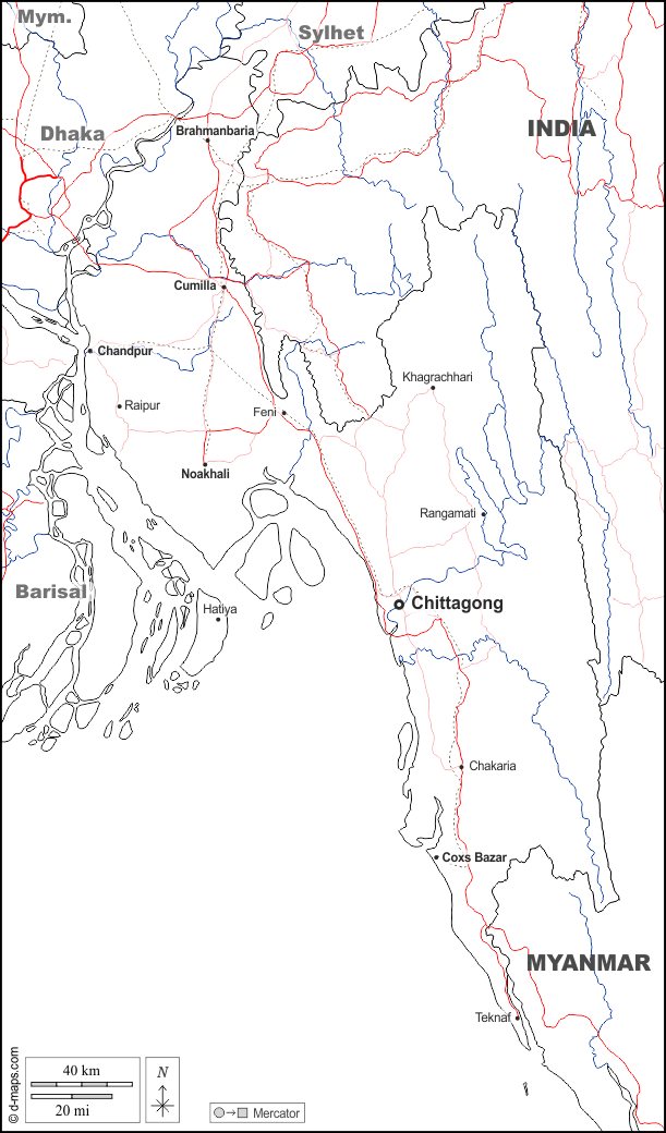 Division Chittagong : d-maps.com: Kostenlose Karten, kostenlose stumme Karte, kostenlose unausgefüllt Landkarte, kostenlose hochauflösende Umrisskarte : Grenzen, Hydrografie, Wichtige Städte, Straßen, Namen, weiß