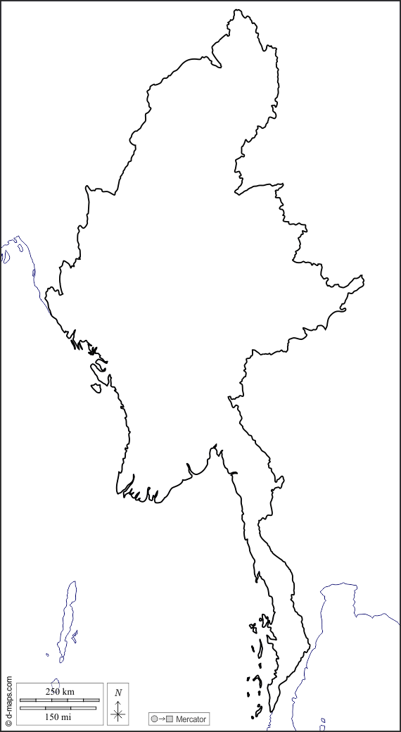 Birmânia Myanmar : d-maps.com: mapa livre, mapa em branco livre, mapa livre do esboço, mapa básico livre
 : costas, limites, branco