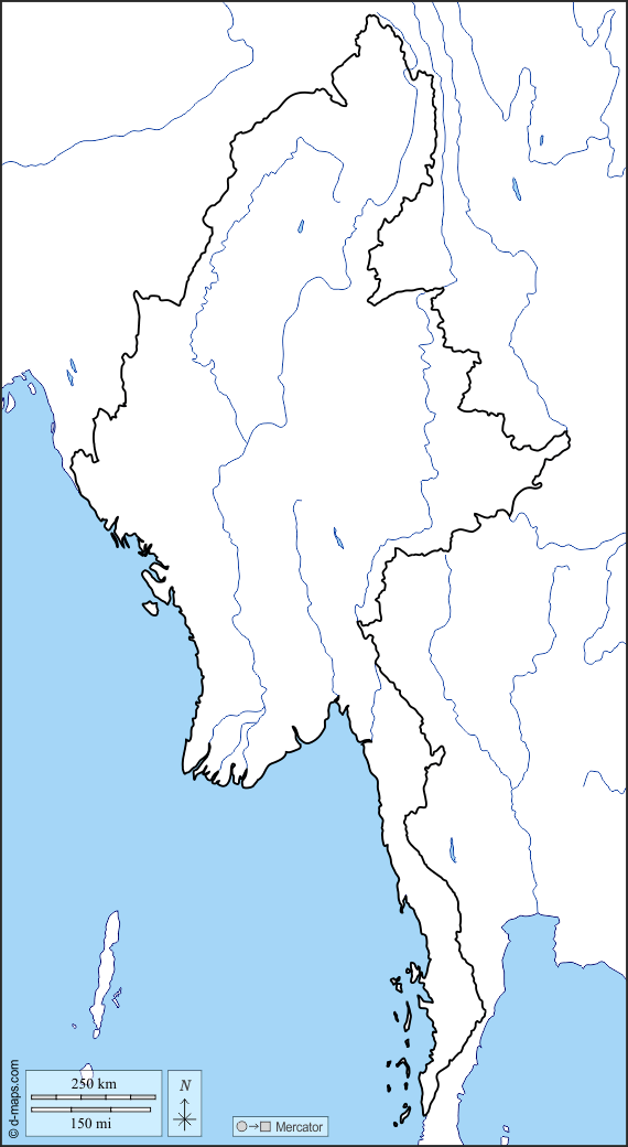 Birmania Myanmar : d-maps.com: mapa gratuito, mapa mudo gratuito, mapa en blanco gratuito, plantilla de mapa : costas, límites, hidrografía