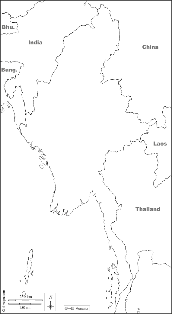 Birma Myanmar : d-maps.com: Kostenlose Karten, kostenlose stumme Karte, kostenlose unausgefüllt Landkarte, kostenlose hochauflösende Umrisskarte : Grenzen, Namen, weiß