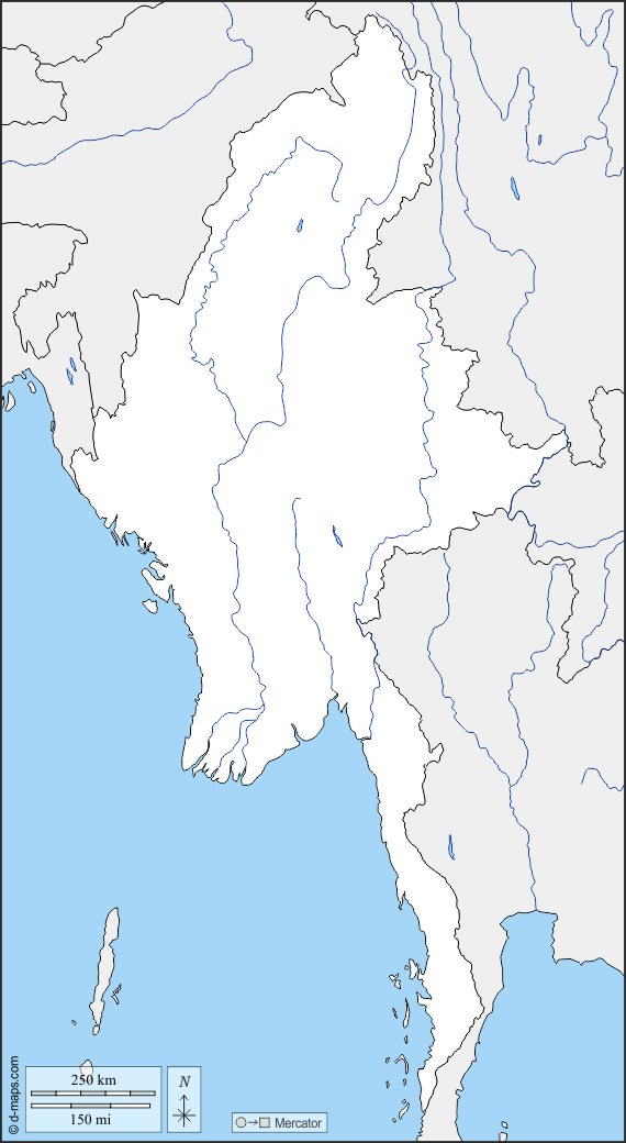 Birmania Myanmar : d-maps.com: mapa gratuito, mapa mudo gratuito, mapa en blanco gratuito, plantilla de mapa : fronteras, hidrografía