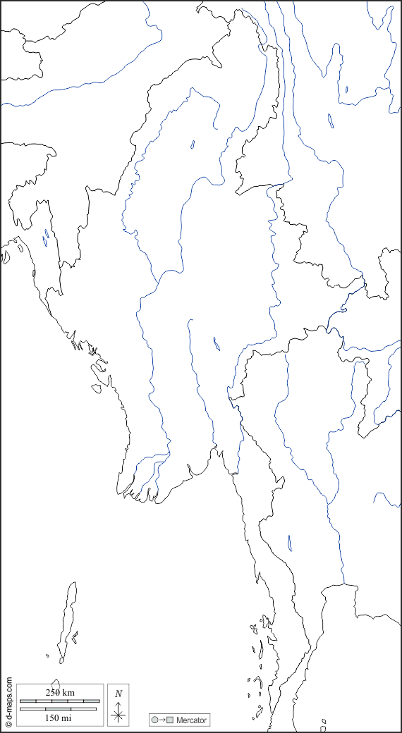 Birmania Myanmar : d-maps.com: mapa gratuito, mapa mudo gratuito, mapa en blanco gratuito, plantilla de mapa : fronteras, hidrografía, blanco