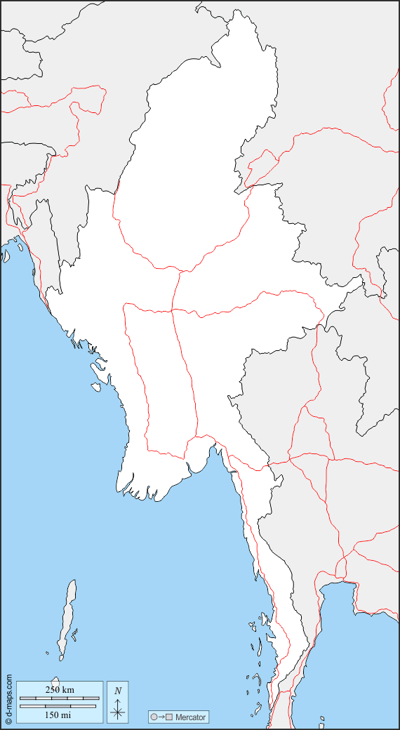 Birmania Myanmar : d-maps.com: mapa gratuito, mapa mudo gratuito, mapa en blanco gratuito, plantilla de mapa : fronteras, carreteras