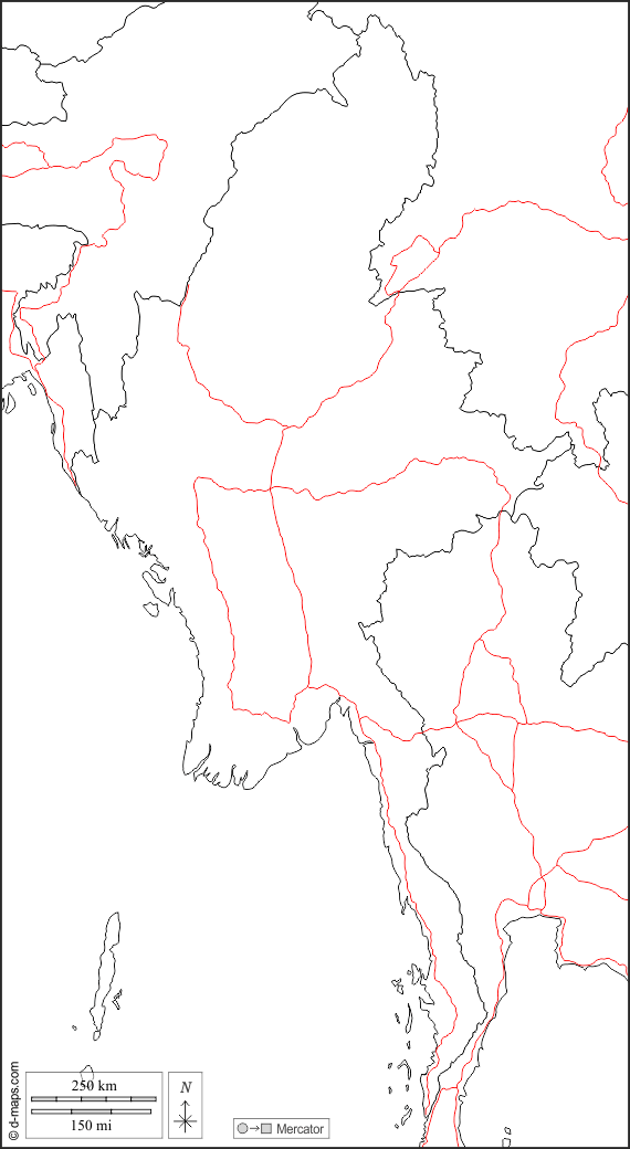 Birmania Myanmar : d-maps.com: mapa gratuito, mapa mudo gratuito, mapa en blanco gratuito, plantilla de mapa : fronteras, carreteras, blanco