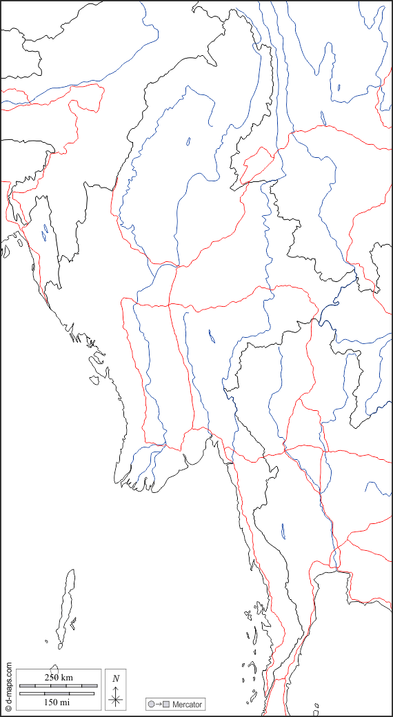 Birmânia Myanmar : d-maps.com: mapa livre, mapa em branco livre, mapa livre do esboço, mapa básico livre
 : fronteiras, hidrografia, estradas, branco