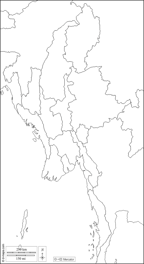 Birmanie Myanmar : d-maps.com: carte géographique gratuite, carte géographique muette gratuite, carte vierge gratuite, fond de carte gratuit, formats graphiques courants : frontières, divisions, blanc