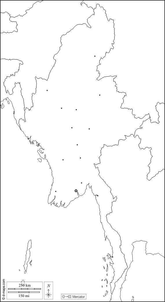 Birmânia Myanmar : d-maps.com: mapa livre, mapa em branco livre, mapa livre do esboço, mapa básico livre
 : fronteiras, principais cidades, branco