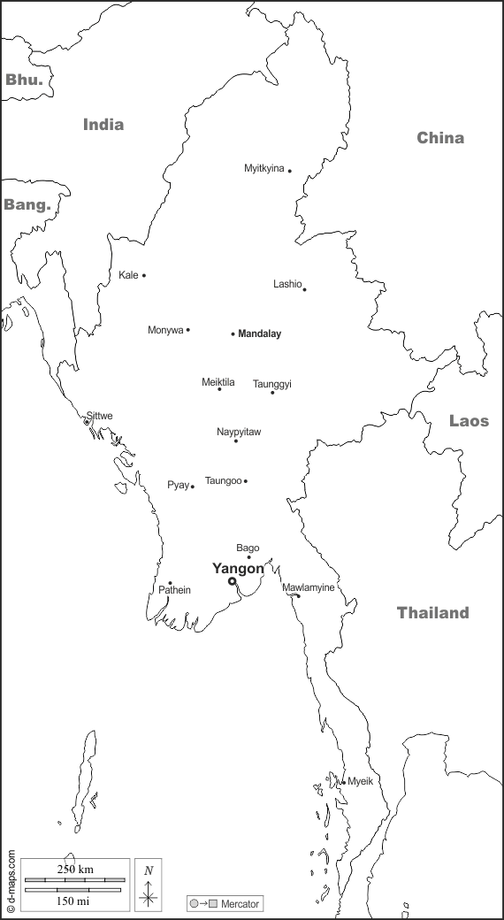 Birmânia Myanmar : d-maps.com: mapa livre, mapa em branco livre, mapa livre do esboço, mapa básico livre
 : fronteiras, principais cidades, nomes, branco