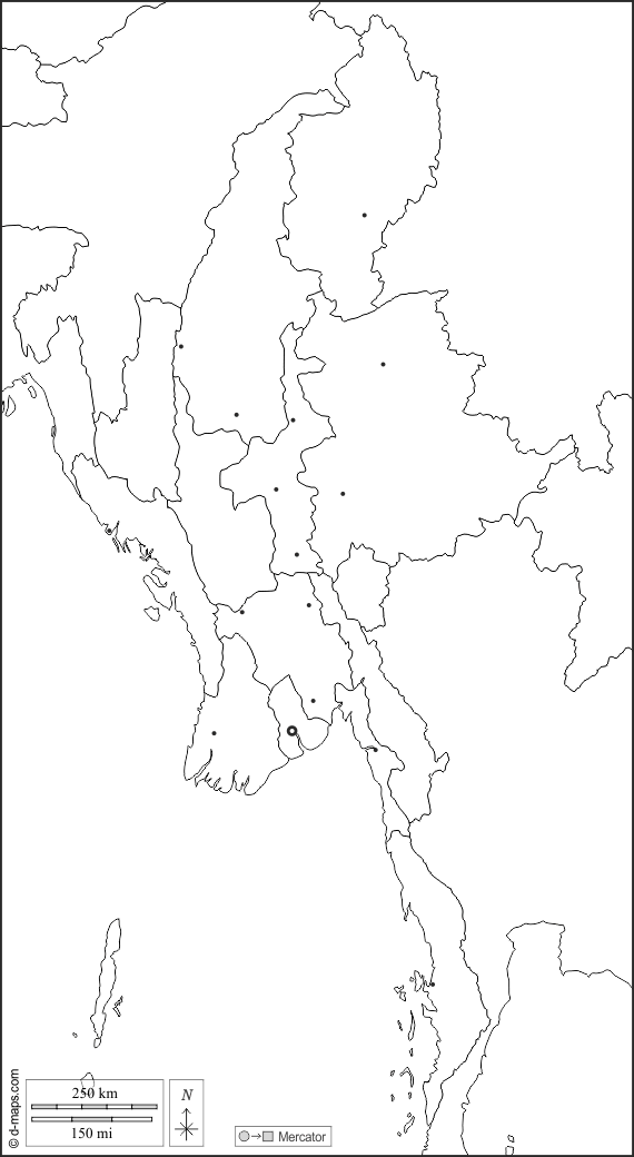 Бирма Мьянма : d-maps.com: Бесплатная карта, бесплатная карта, свободная карта, Бесплатная базовая карта
 : границы, Регионах, Главные города, Белый