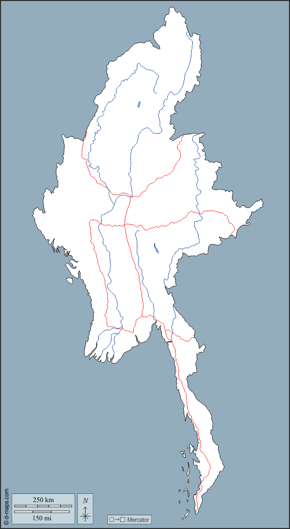 Birmania Myanmar : d-maps.com: mappa gratuita, mappa muta gratuita, cartina muta gratuita : contorni, idrografia, strade