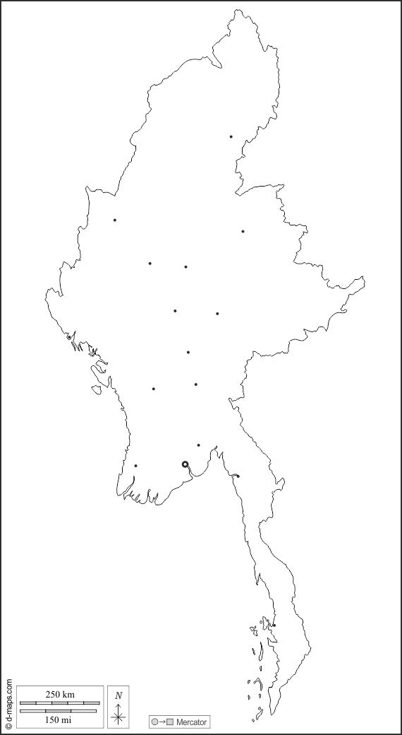 Birmânia Myanmar : d-maps.com: mapa livre, mapa em branco livre, mapa livre do esboço, mapa básico livre
 : contornos, principais cidades, branco