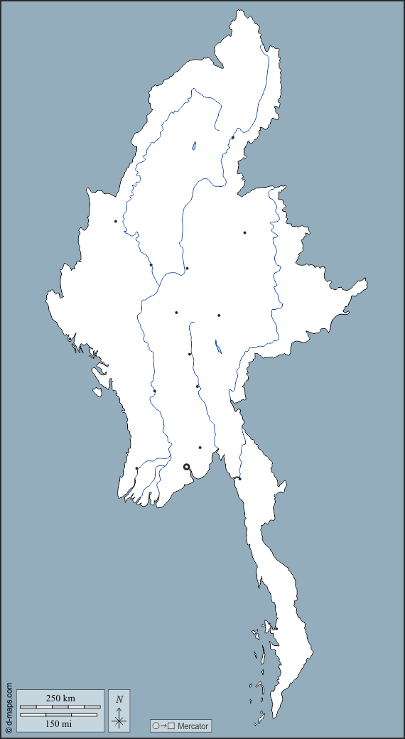 Birmânia Myanmar : d-maps.com: mapa livre, mapa em branco livre, mapa livre do esboço, mapa básico livre
 : contornos, hidrografia, principais cidades