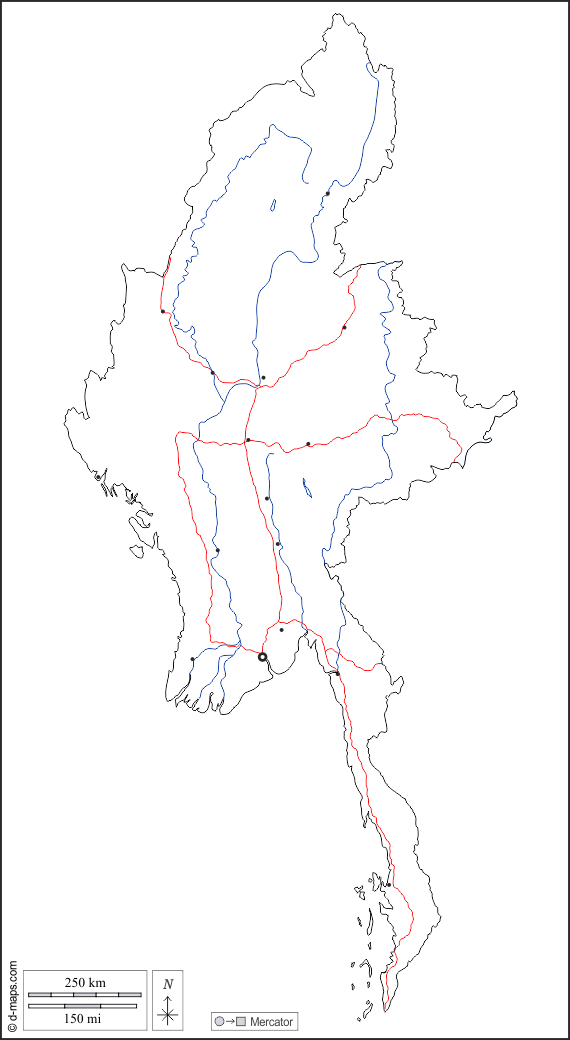 ビルマミャンマー : d-maps.com: 無料地図, 無料の空の地図, 無料のアウトラインマップ, 無料のベースマップ
 : 輪郭, 川と湖, 主要都市, 道路, 白い