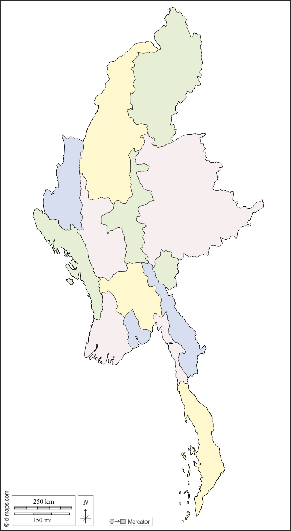 Birmânia Myanmar : d-maps.com: mapa livre, mapa em branco livre, mapa livre do esboço, mapa básico livre
 : contornos, divisões, cor, branco