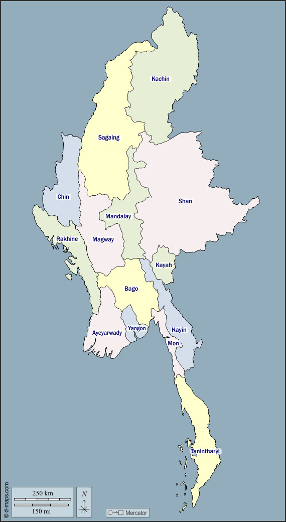Birmânia Myanmar : d-maps.com: mapa livre, mapa em branco livre, mapa livre do esboço, mapa básico livre
 : contornos, divisões, nomes, cor