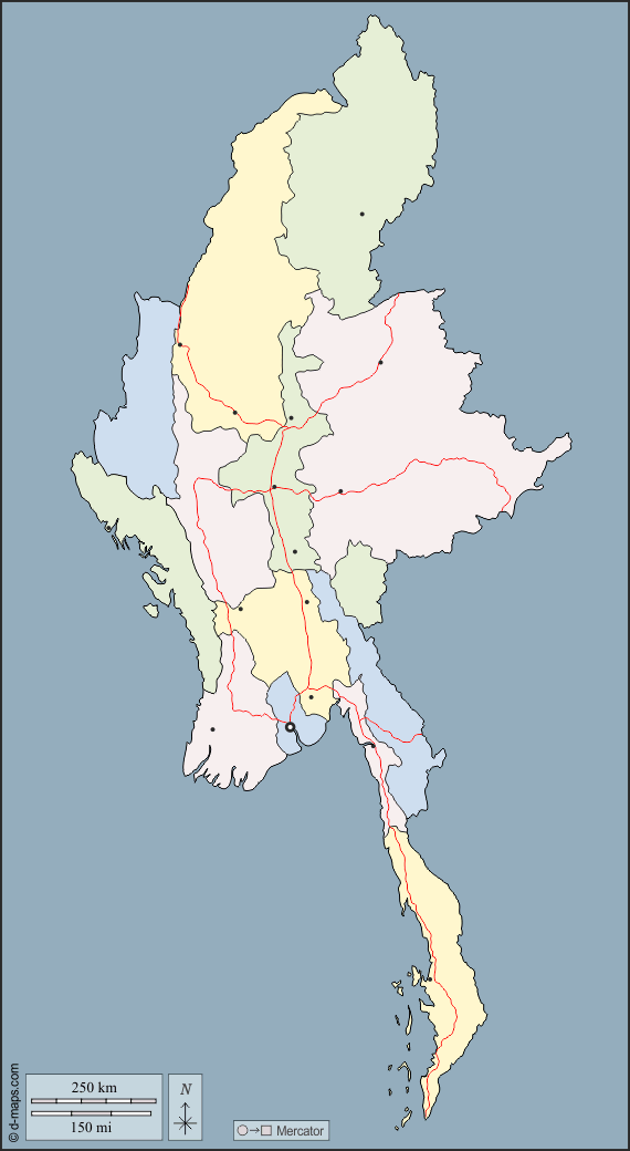 Birma Myanmar : d-maps.com: Kostenlose Karten, kostenlose stumme Karte, kostenlose unausgefüllt Landkarte, kostenlose hochauflösende Umrisskarte : Umrisse, Abteilungen, Wichtige Städte, Straßen, Farbe