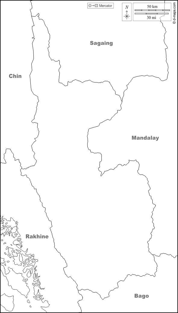 Regione di Magway : d-maps.com: mappa gratuita, mappa muta gratuita, cartina muta gratuita : frontiere, nomi, bianco