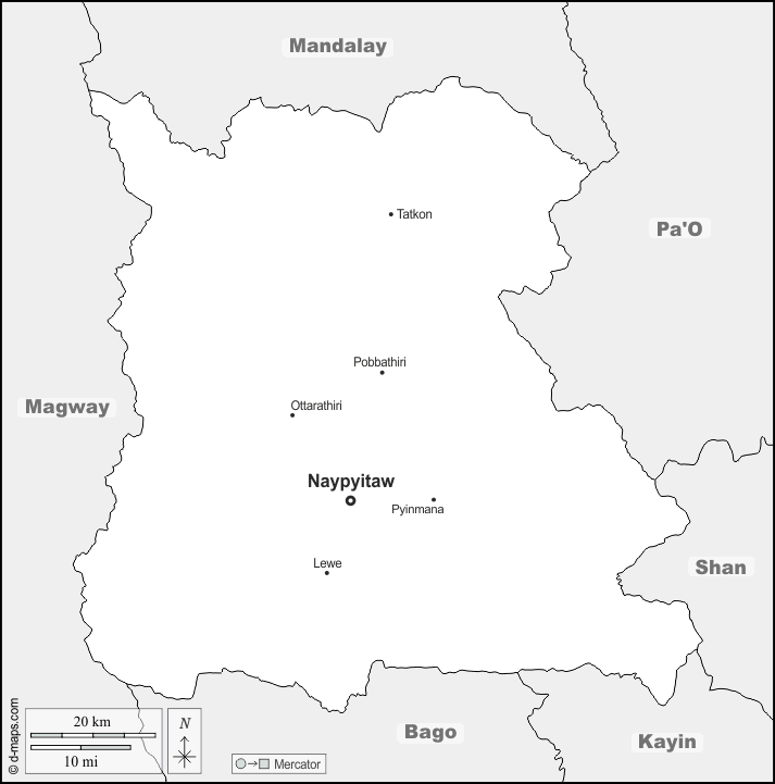 Naypyidaw Union Territory : d-maps.com: free map, free blank map, free outline map, free base map : boundaries, main cities, names
