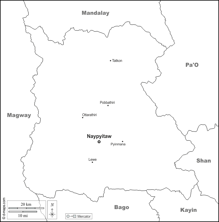 Naypyidaw Union Territory : d-maps.com: free map, free blank map, free outline map, free base map : boundaries, main cities, names, white