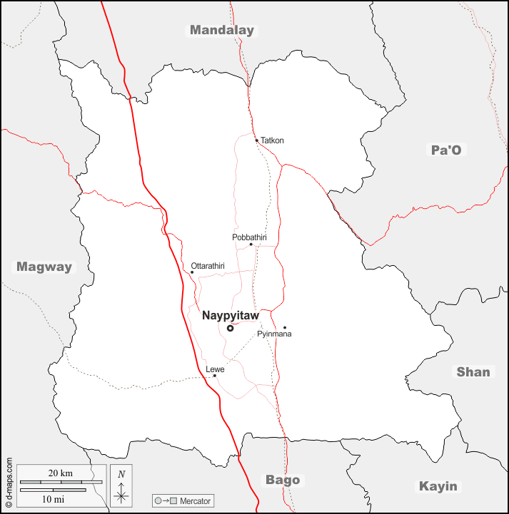 Naypyidaw Union Territory : d-maps.com: free map, free blank map, free outline map, free base map : boundaries, main cities, roads, names