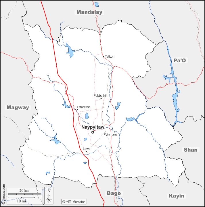 Naypyidaw Union Territory : d-maps.com: free map, free blank map, free outline map, free base map : boundaries, hydrography, main cities, roads, names