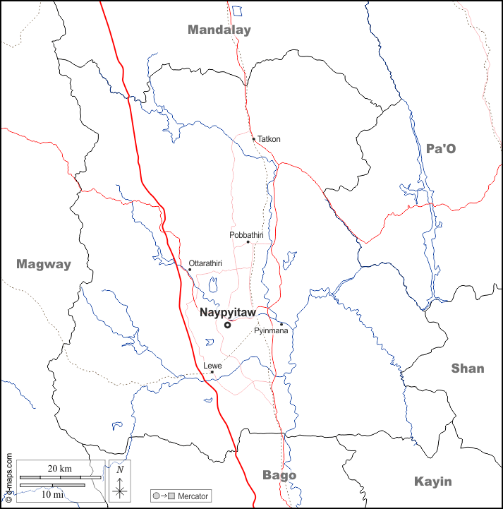 Naypyidaw Union Territory : d-maps.com: free map, free blank map, free outline map, free base map : boundaries, hydrography, main cities, roads, names, white