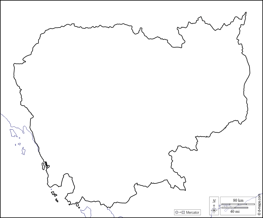 Camboya : d-maps.com: mapa gratuito, mapa mudo gratuito, mapa en blanco gratuito, plantilla de mapa : costas, límites