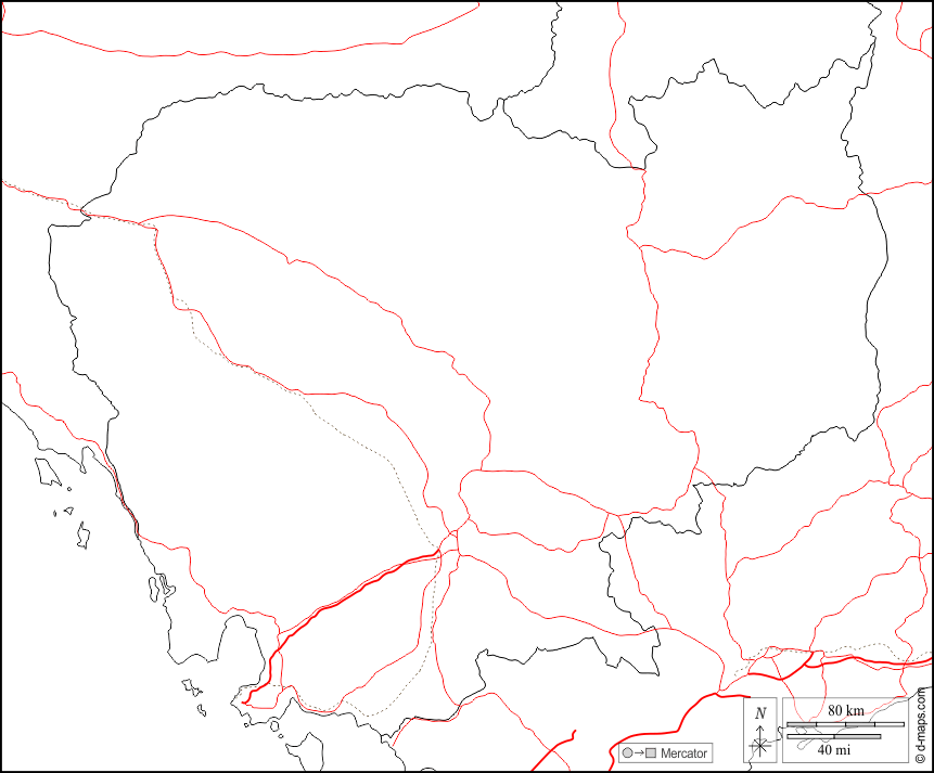 Camboya : d-maps.com: mapa gratuito, mapa mudo gratuito, mapa en blanco gratuito, plantilla de mapa : fronteras, carreteras, blanco