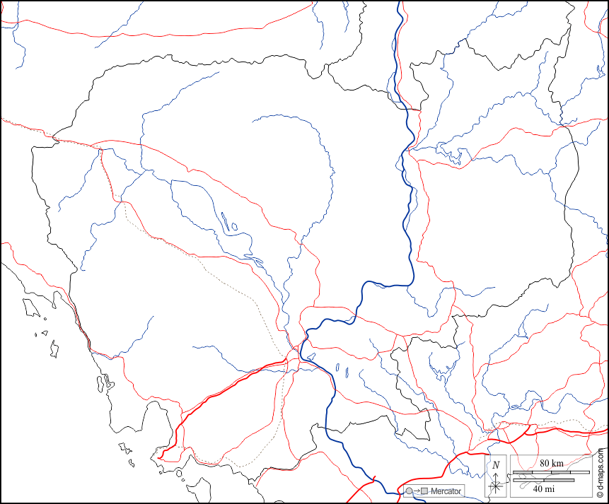 Camboya : d-maps.com: mapa gratuito, mapa mudo gratuito, mapa en blanco gratuito, plantilla de mapa : fronteras, hidrografía, carreteras, blanco