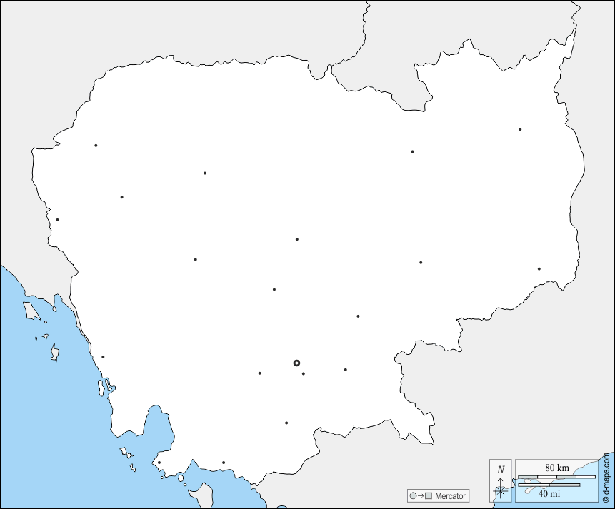 Kambodscha : d-maps.com: Kostenlose Karten, kostenlose stumme Karte, kostenlose unausgefüllt Landkarte, kostenlose hochauflösende Umrisskarte : Grenzen, Wichtige Städte