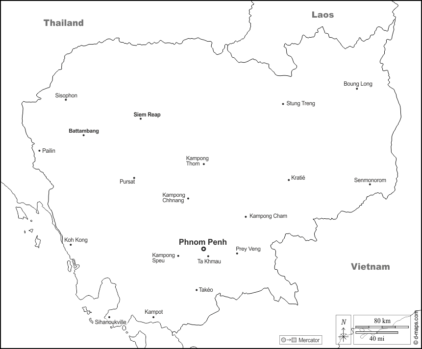 カンボジア : d-maps.com: 無料地図, 無料の空の地図, 無料のアウトラインマップ, 無料のベースマップ
 : 境界, 主要都市, 名前, 白い