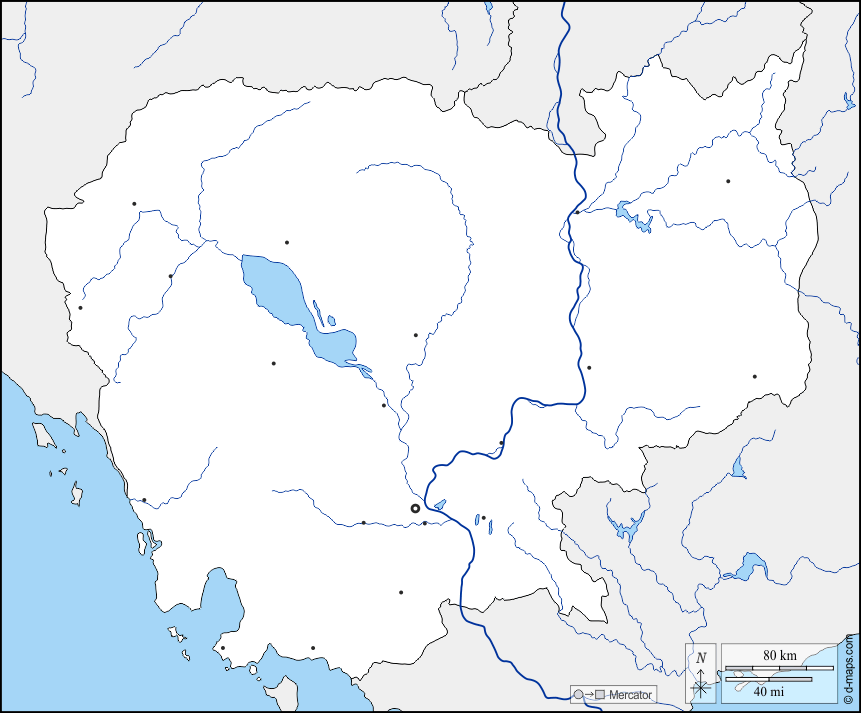 Камбоджа : d-maps.com: Бесплатная карта, бесплатная карта, свободная карта, Бесплатная базовая карта
 : границы, гидрографии, Главные города