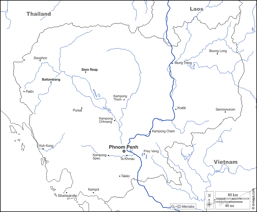Cambogia : d-maps.com: mappa gratuita, mappa muta gratuita, cartina muta gratuita : frontiere, idrografia, principali città, nomi, bianco