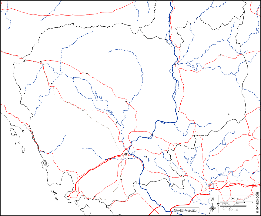 Camboja : d-maps.com: mapa livre, mapa em branco livre, mapa livre do esboço, mapa básico livre
 : fronteiras, hidrografia, principais cidades, estradas, branco