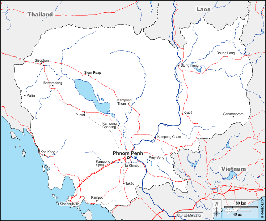 Cambodge : d-maps.com: carte géographique gratuite, carte géographique muette gratuite, carte vierge gratuite, fond de carte gratuit, formats graphiques courants : frontières, hydrographie, principales villes, routes, noms