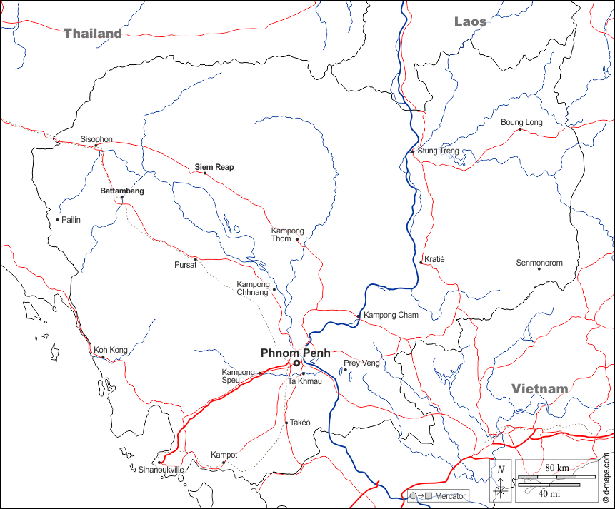 Cambodia : d-maps.com: free map, free blank map, free outline map, free base map : boundaries, hydrography, main cities, roads, names, white