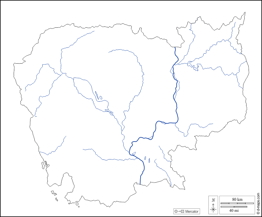 Камбоджа : d-maps.com: Бесплатная карта, бесплатная карта, свободная карта, Бесплатная базовая карта
 : контур, гидрографии, Белый