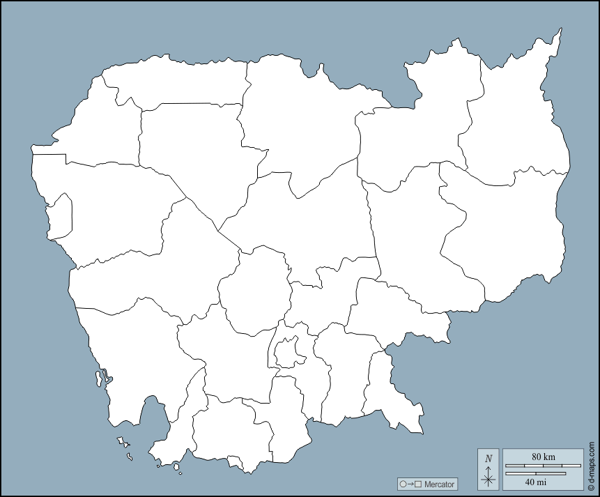 Camboya : d-maps.com: mapa gratuito, mapa mudo gratuito, mapa en blanco gratuito, plantilla de mapa : contornos, provincias