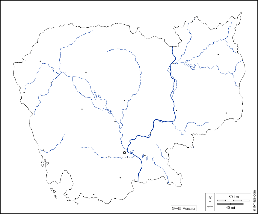 Camboja : d-maps.com: mapa livre, mapa em branco livre, mapa livre do esboço, mapa básico livre
 : contornos, hidrografia, principais cidades, branco