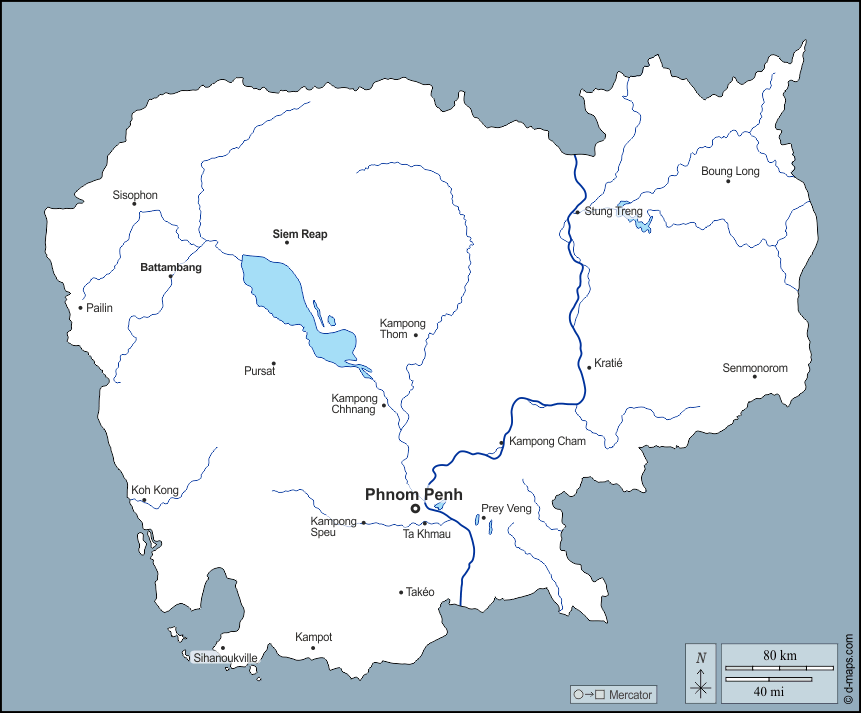 Cambodge : d-maps.com: carte géographique gratuite, carte géographique muette gratuite, carte vierge gratuite, fond de carte gratuit, formats graphiques courants : contours, hydrographie, principales villes, noms