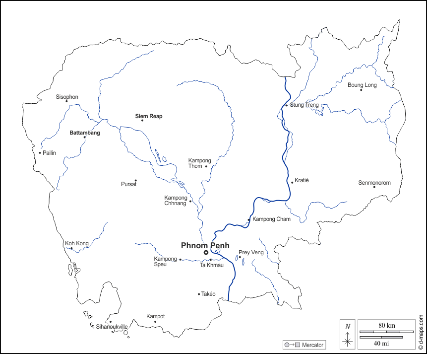 カンボジア : d-maps.com: 無料地図, 無料の空の地図, 無料のアウトラインマップ, 無料のベースマップ
 : 輪郭, 川と湖, 主要都市, 名前, 白い