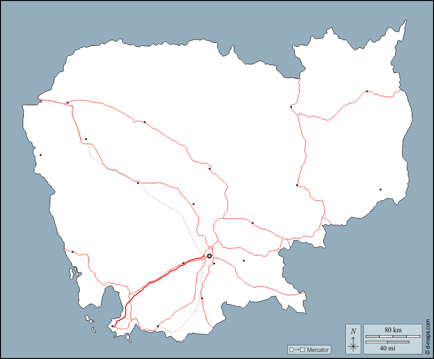 カンボジア : d-maps.com: 無料地図, 無料の空の地図, 無料のアウトラインマップ, 無料のベースマップ
 : 輪郭, 主要都市, 道路