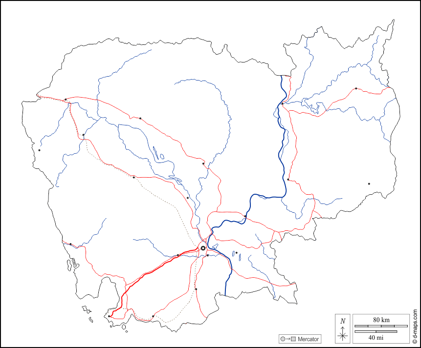 Cambodge : d-maps.com: carte géographique gratuite, carte géographique muette gratuite, carte vierge gratuite, fond de carte gratuit, formats graphiques courants : contours, hydrographie, principales villes, routes, blanc