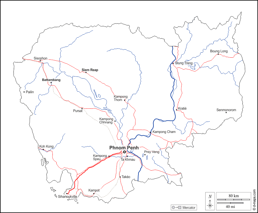كمبوديا : خريطة مجانية, خريطة خاليه من الفراغ, خريطة الخطوط العريضة, خريطة القاعدة الحرة
 : الخطوط العريضة, هيدروغرافيا, المدن الرئيسية, الطرق, أسماء, أبيض