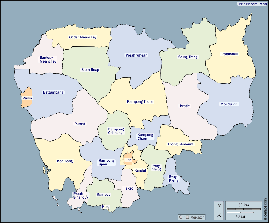 كمبوديا : خريطة مجانية, خريطة خاليه من الفراغ, خريطة الخطوط العريضة, خريطة القاعدة الحرة
 : الخطوط العريضة, المحافظات, أسماء, اللون