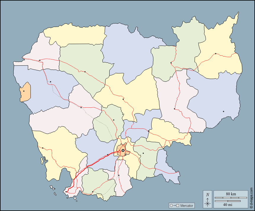 Kambodscha : d-maps.com: Kostenlose Karten, kostenlose stumme Karte, kostenlose unausgefüllt Landkarte, kostenlose hochauflösende Umrisskarte : Umrisse, Provinzen, Wichtige Städte, Straßen, Farbe