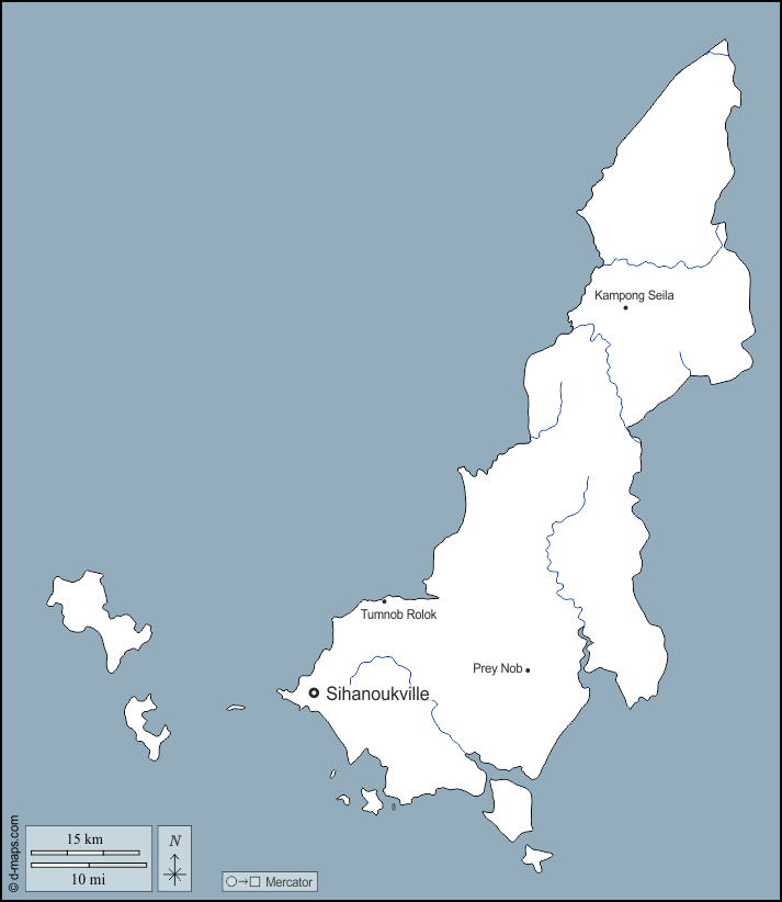 Provincia de Sihanoukville : d-maps.com: mapa gratuito, mapa mudo gratuito, mapa en blanco gratuito, plantilla de mapa : contornos, hidrografía, principales ciudades, nombres